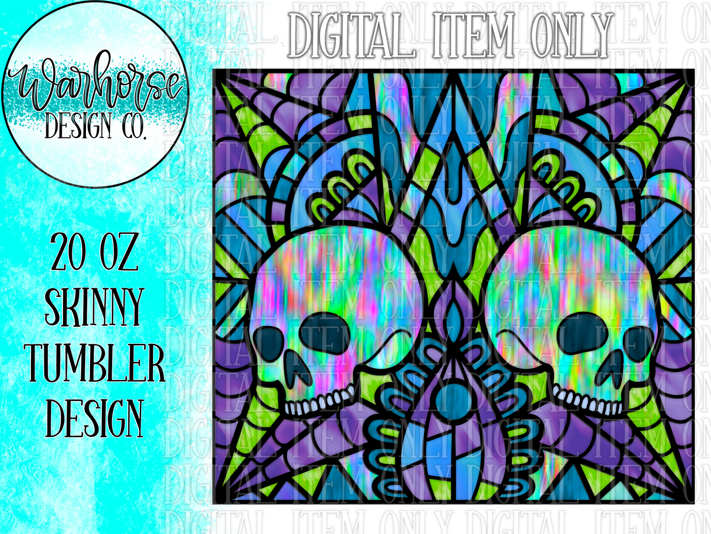 Stained Glass Skull (Purple/Green) Digital Tumbler Wrap PNG JPEG