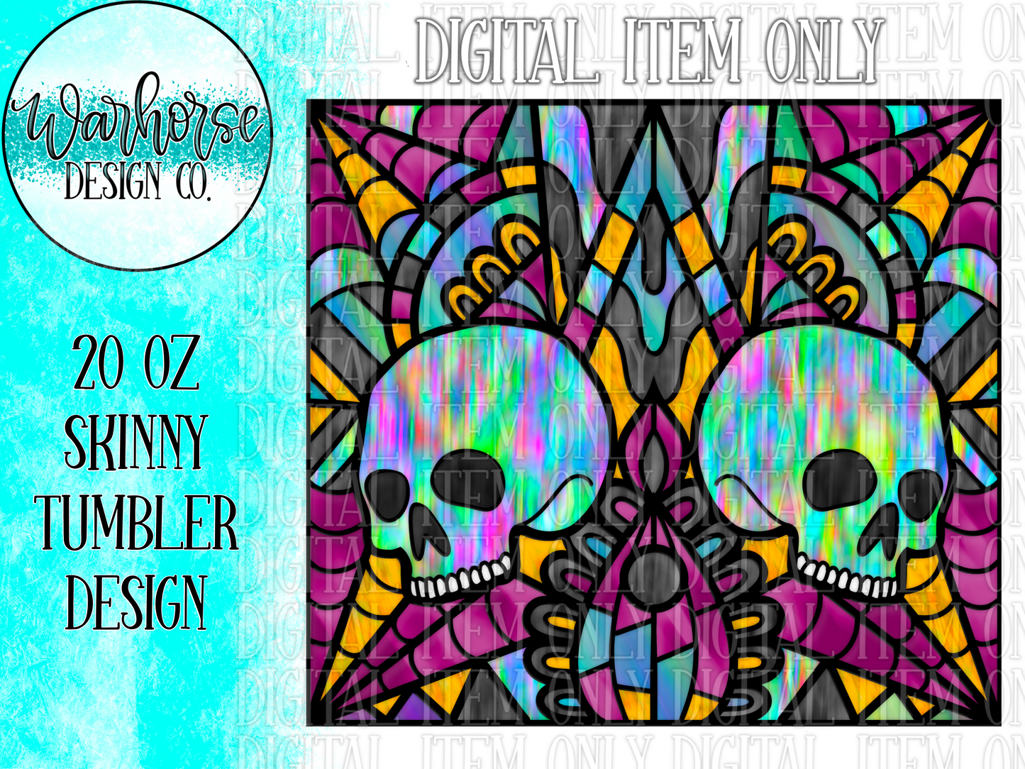 Stained Glass Skull (Magenta/Gold)  Digital Tumbler Wrap PNG JPEG